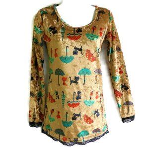 Kitty Cat Pullover Scoop VeLouR Lace Tan HaLLoWeeN Umbrella Long Sleeve Stretch